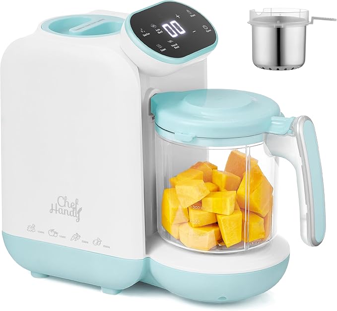 Chefhandy Baby Food Maker, Steamer & Blender, Puree Maker with Auto/Manual Blend, Steam Basket, Bottle Warmer & Sterili-zer, Compact Easy-to-Clean Baby Food Processor (White Blue)