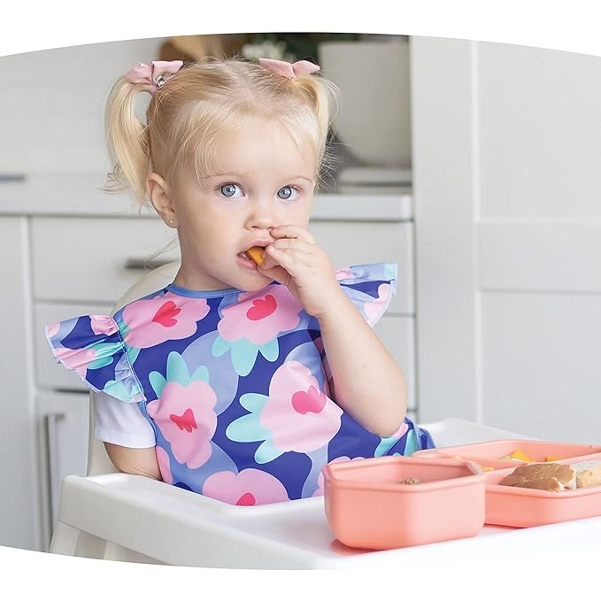 Tiny Twinkle Short Sleeve Apron Baby & Toddler Bib for Girls – Waterproof, Mess-Proof Bibs for Eating & Feeding, Machine Washable,Perfect Holiday Gift (Floral Blue, 6–24M)