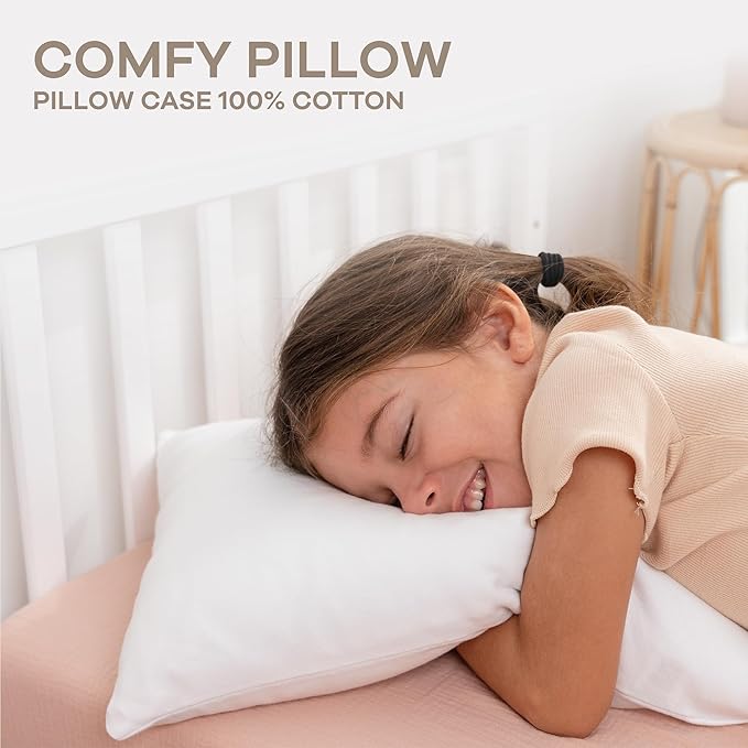 Comfy Cubs Toddler Pillow with Cotton Pillowcase, 13 x 18 in - Travel and Sleep Support for Kids - Lightweight, Breathable Microfiber Fill - Soft and Cozy Small Pillow for Toddlers - White