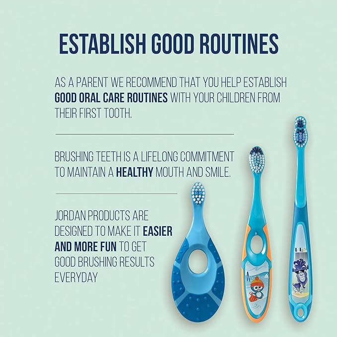 Jordan* | Step 1 Baby Toothbrush | 0-2 Years, Soft Bristles, BPA Free | Green & Blue | 4 Pack