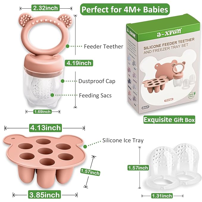 JEXFUN Baby Breastmilk Popsicle Molds & Baby Fruit Food Feeder Pacifier Combo, BPA Free Silicone Nibble Freezer Tray Storage Containers Teething Toys for Safe Infant Self Feeding, 4 Month+(Orange)