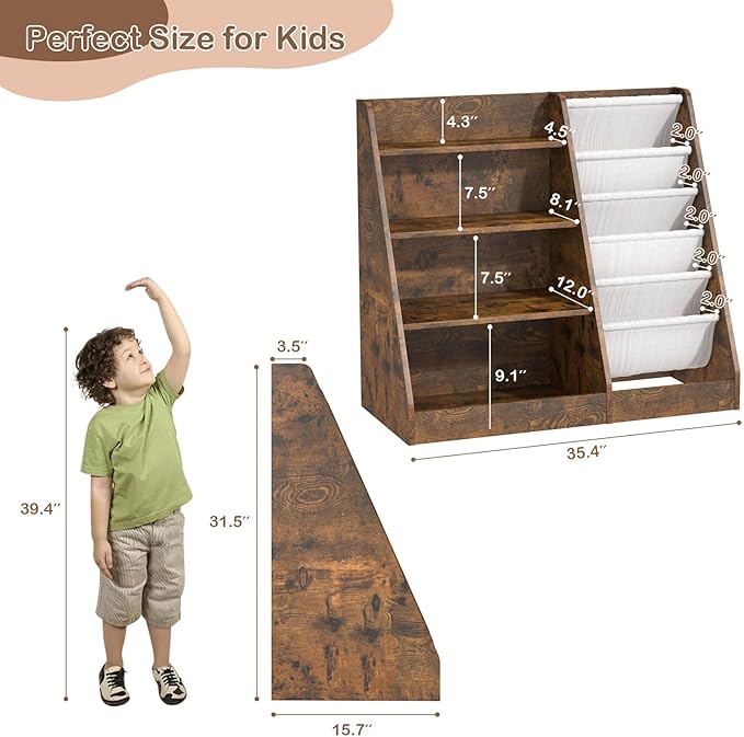 Kids Bookshelf for Bedroom Toddler Children Baby Bookcase 4-Tier for Nursery Book Toy Storage Organizer 5 Sling Book Display Shelf Book Rack Wood Classroom Playroom Rustic Brown