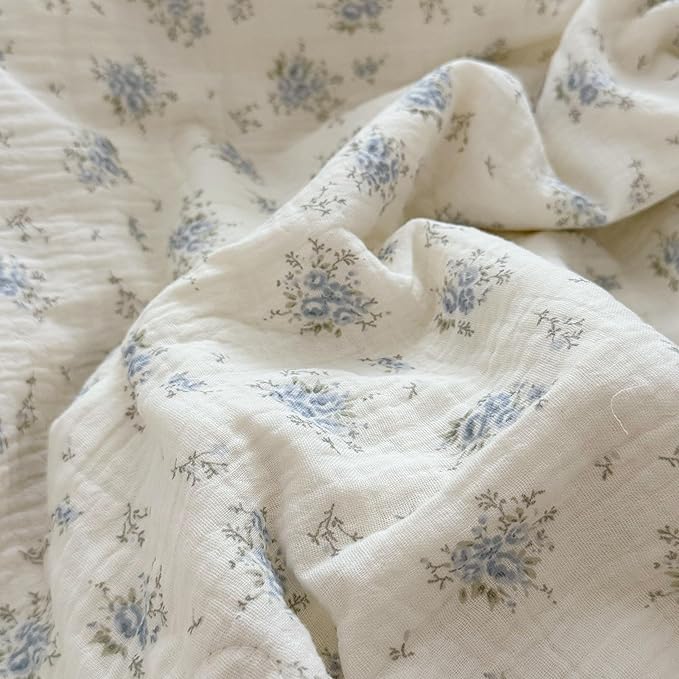 BuLuTu Muslin Cotton Kids Pillowcases for Girls Boys Shabby Chic Blue Floral Print Pillow Case Beige Toddler Pillowcases Standard Size Pillow Cover with Ruffles, 20"x26", 1 pc