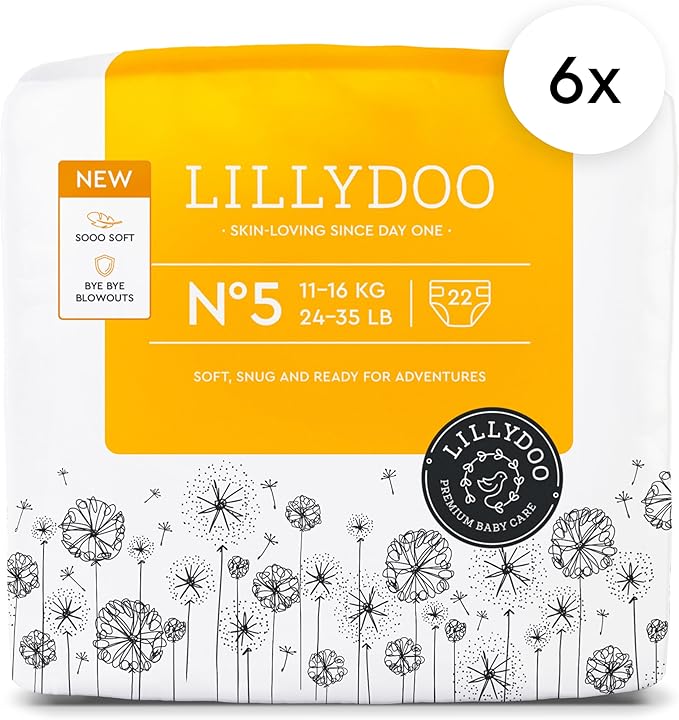 LILLYDOO Baby Diapers - Size 5 (24-35 lbs), Monthly Supply (132 Count), Leak Protection, Skin-Friendly, Ultrasoft, Perfume- & Chlorine-Free, Hypoallergenic, Dermatologist Tested, Oeko-TEX®