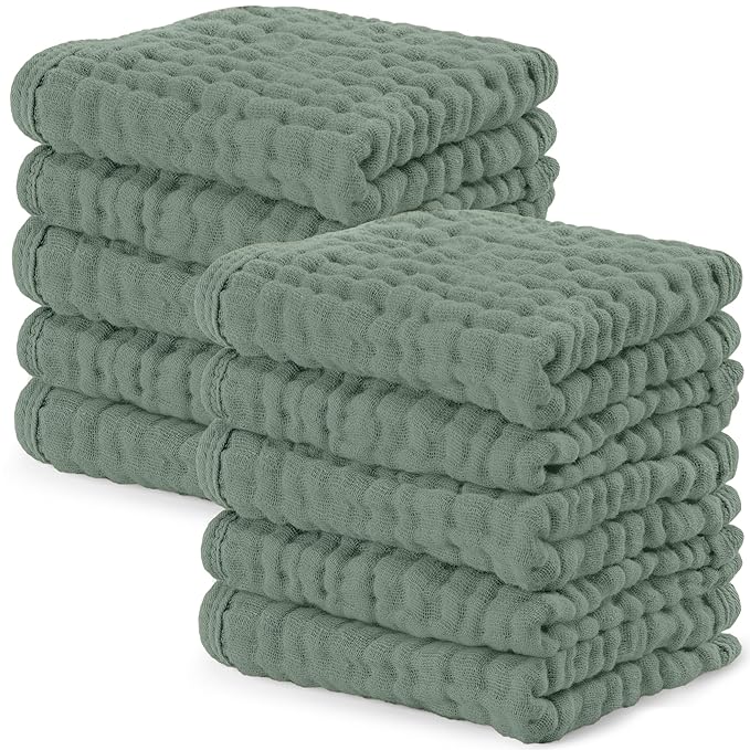Comfy Cubs Muslin Baby Washcloths 10 Pack - Soft 6-Layer Cotton Wash Cloths for Sensitive Skin - 10"x10" Large, Gentle, Absorbent Infant Essentials for Newborn and Toddlers - Fern