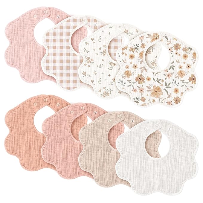 Konssy Muslin Baby Bibs 8 Pack, 100% Cotton Absorbent Bandana Drool Bibs for Teething and Drooling for Unisex Boys and Girls