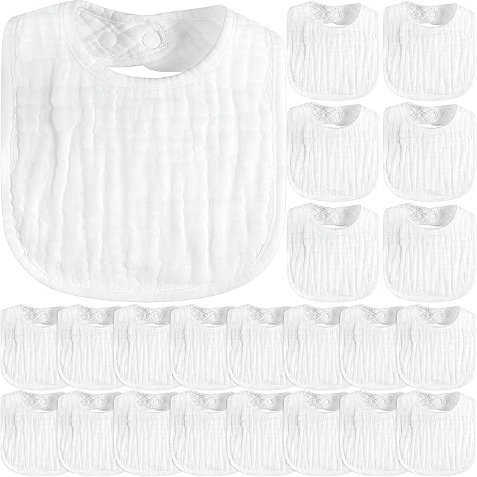 Zhanmai 20 Pack Muslin Baby Bibs Adjustable White Drool Bandana Bibs 6 Absorbent Layers for Newborn Baby Girl Boy Feeding, Drooling and Teething, Machine Washable