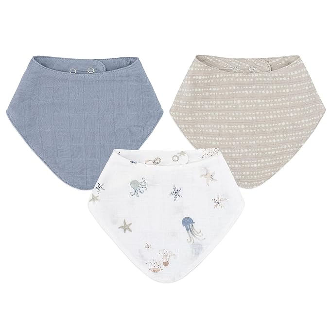Crane Baby Bib Set, 100% Cotton Baby Bibs, Set of 3 Sea Life Cotton Muslin Bibs, Bandana Bibs Baby Bibs For Eating, Baby Eating Essentials, Drool Bibs, Baby Boy or Baby Girl Gifts, Newborn Bibs