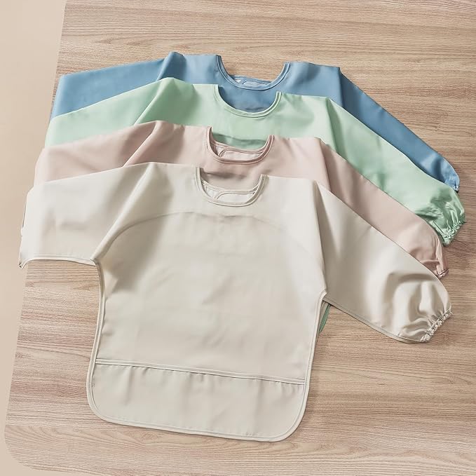 4 Pack Long Sleeve Bib, Waterproof Sleeved Smock for Baby Boy or Girl, Reusable Bib with Pocket, Ages 6-24 Months