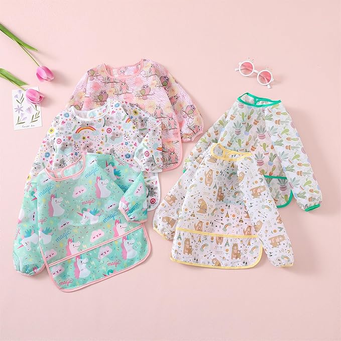 Long Sleeved Bibs, Pack of 5,Lightweight Waterproof Shirt Bibs for Baby Toddler 6-30 Months