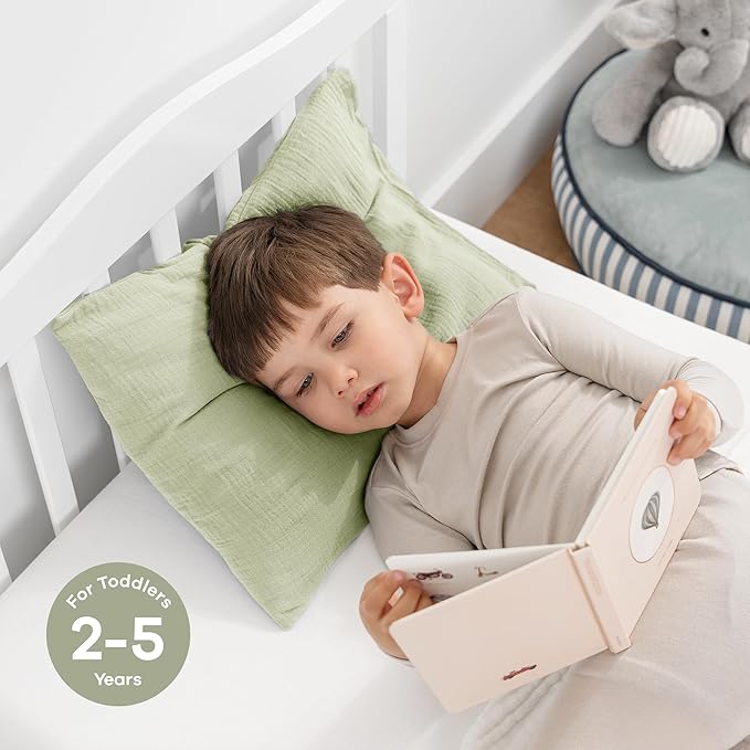 Comfy Cubs Toddler Pillow with Muslin Pillowcase, 13 x 18 in - Travel and Sleep Support for Kids - Lightweight, Breathable Microfiber Fill - Soft and Cozy Small Pillow for Toddlers - Sage