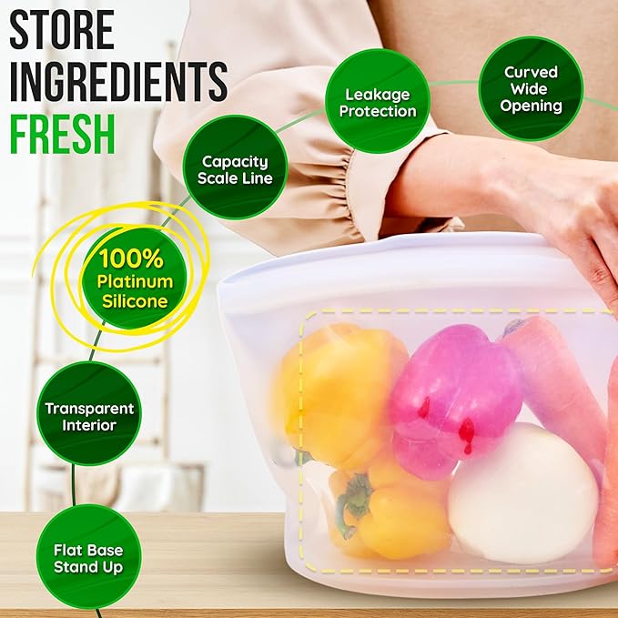 Premium Platinum Silicone Reusable Food Storage Bag 10.6 Cup (84 fl oz), Airtight Zip Lock Bags for Food, BPA-Free Silicone Freezer Bags, Microwave Safe Sous Vide Container, Yellow