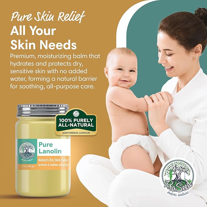 ProSeed Handmade Pure Lanolin Cream – Unrefined Balm for Dry Skin, Lips, Nursing & Baby Care – Gentle Moisturizer for Hands, Face & Pets – Petroleum-Free, 12oz Glass Jar