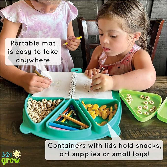 Silicone On-The-Go Snack Mat – Foldable Reusable Placemat with 3 Compartments and Lids – Travel-Friendly Baby and Toddler Snack Plate – Dishwasher Safe (Aqua)