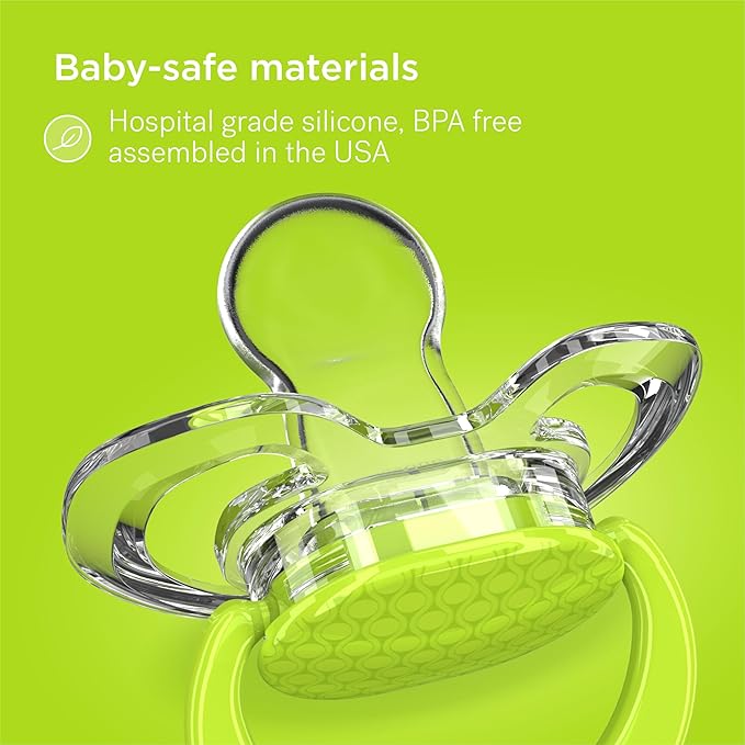 Smilo Baby Pacifier with Orthodontic Design for Healthy Dental Development - Stage 2 for Babies 3-9 Months - Pack of 3X 100% Silicone Pacifiers BPA Free - Green