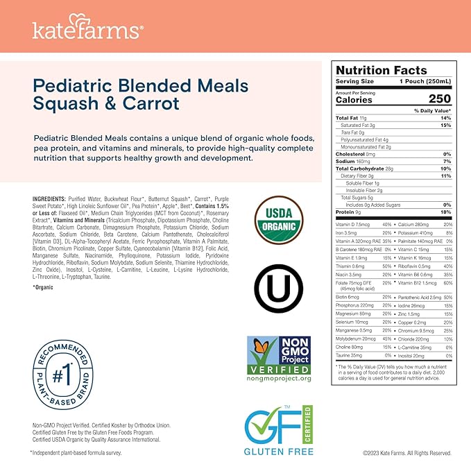 KATE FARMS Organic Pediatric Blended Meal, Squash and Carrot, 8g protein, organic whole foods, oral or tube feed nutrition, Gluten Free, Non-GMO, 8.45 oz (12 Pack)