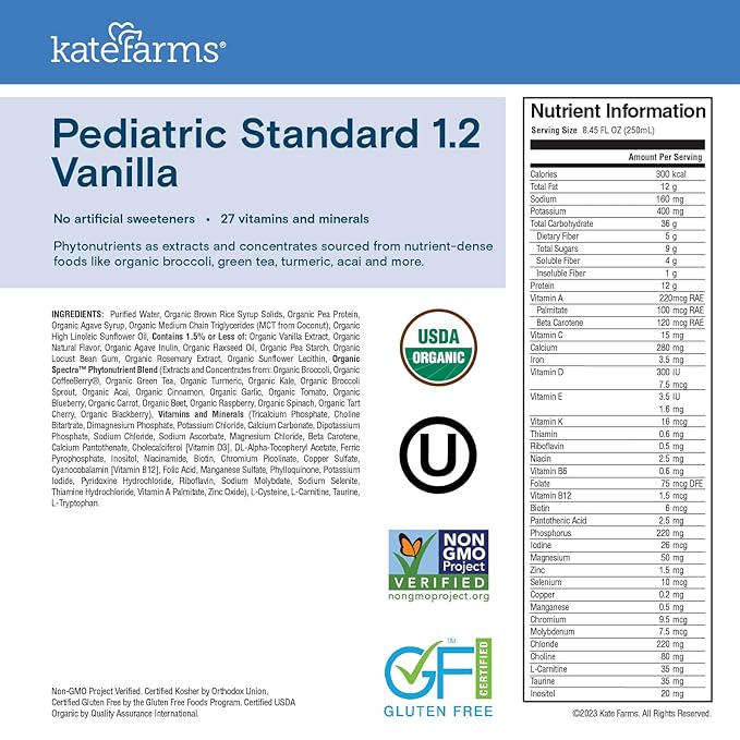 KATE FARMS Organic Pediatric 1.2 High Calorie Vanilla Nutrition Shake, 12g Protein, 27 Vitamins and Minerals, Meal Replacement, 8.45 oz (6 pack)