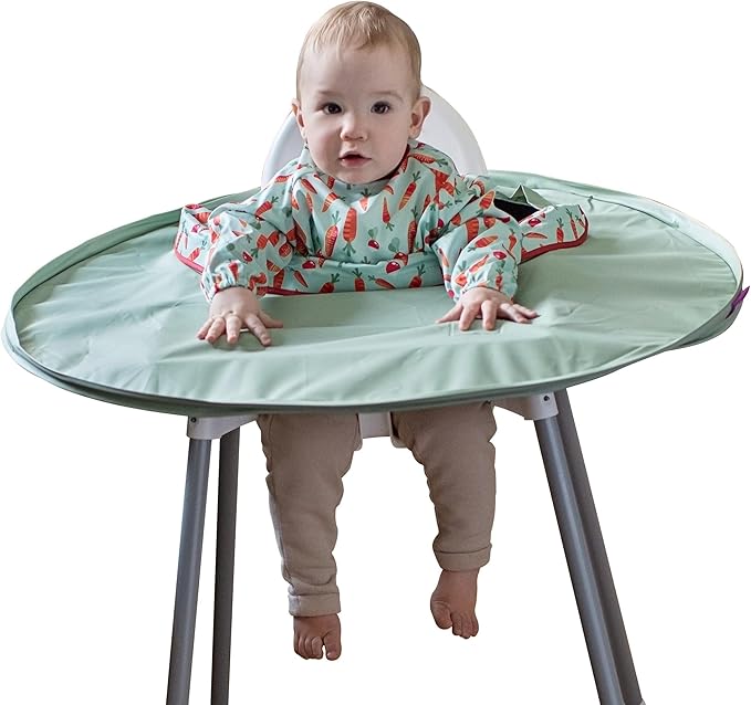 Tidy Tot- Baby Bib & Tray Kit - Mess Proof Long Sleeve Smock Attaches to Feeding Mat, Waterproof Bib - Fits Babies 6-24 Month