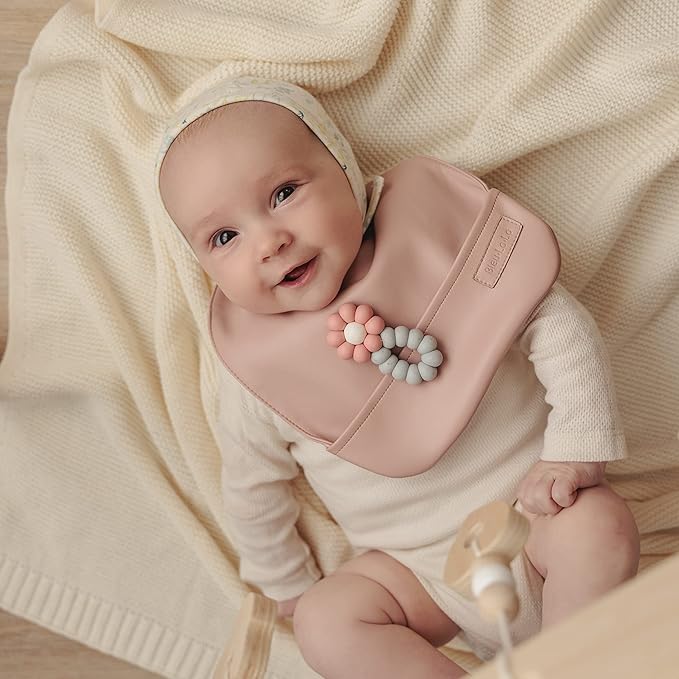 Vegan Leather Easy Clean Baby Bibs with Practical Pocket and Snaps - Great for Feeding and Teething Infants 0-12 Months
