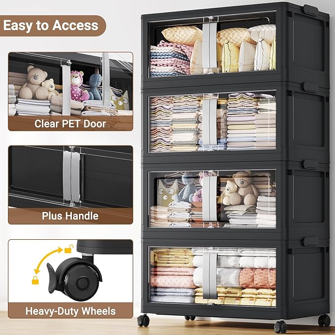 BROVIEW 640QT Stackable Storage Bins with Lids, 160Gal Extra Large Collapsible Storage Box with Wheel, Plastic Storages with Clear Door Open Front for Home Kitchen Garage, Black-4pack