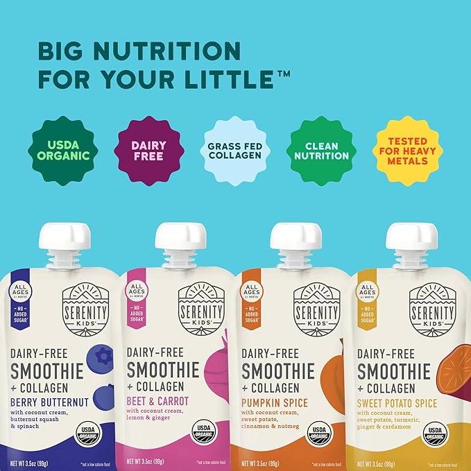 Serenity Kids 6+ Months Dairy-Free Smoothie Baby Food Pouches - BPA-Free, USDA Organic & Grass-Fed Collagen Protein - Lactose-Free Smoothie Pouches - 3.5 Oz, 8 Pack