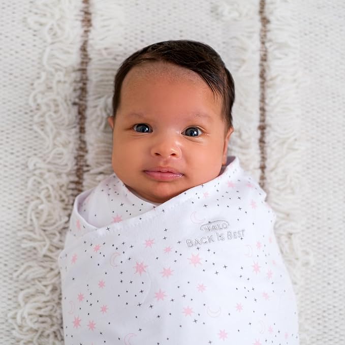 HALO 100% Cotton Sleepsack Swaddle, 3-Way Adjustable Wearable Blanket, TOG 1.5, Midnight Moons Pink, Newborn, 0-3 Months