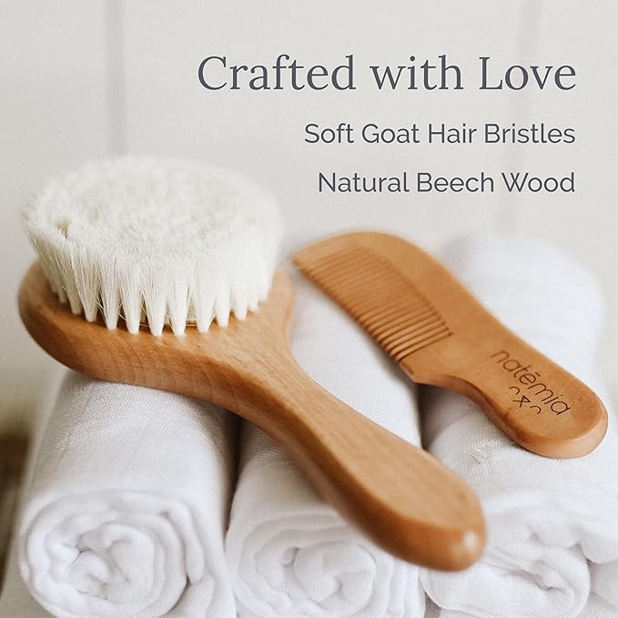 Natemia Baby Hair Brush and Comb Set - Wooden Soft Bristle Brush, Cradle Cap Brush for Newborns and Toddlers