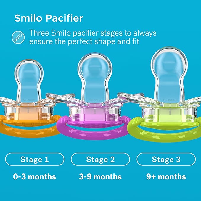 Smilo Baby Pacifier with Orthodontic Design for Healthy Dental Development - Stage 2 for Babies 3-9 Months - Pack of 3X 100% Silicone Pacifiers BPA Free - Aqua Blue