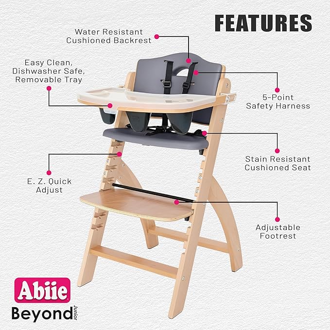 Abiie Beyond Junior Wooden High Chair with Tray - Adjustable and Convertible High Chair for Babies and Toddlers - 6 Months to 250 Lb - Water Resistant - Natural Wood with Dark Grey Cushion