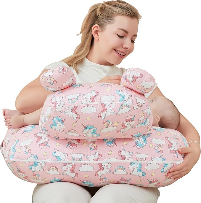 Nursing Pillow for Breastfeeding, Breast Feeding Pillow for Mom Support, Adjustable Waist Strap and Removable Cotton Cover, Unicorn