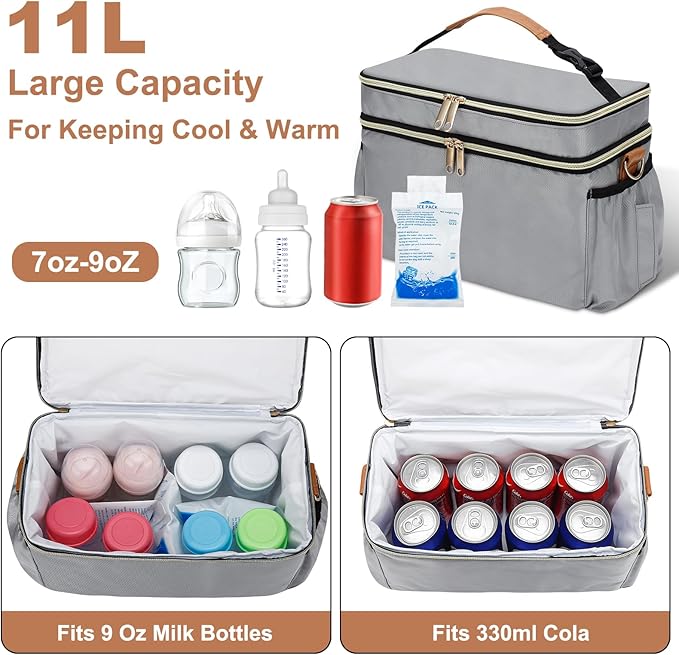 Breastmilk Cooler Bag with 6 Ice Pack, Wearable Breast Pump Bag Compatible with Willow, Elvie, Medela & Momcozy M5/S12 Pro Pumps & Accessories for Work, Travel and Family Use Grey