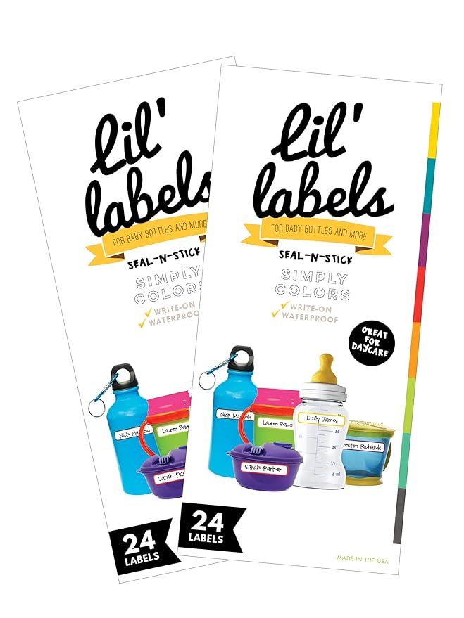 Removeable, Write-On Food Bottle Labels, Write-On, Self-Laminating, Freezer Safe Waterproof Kids Name Labels for Baby Bottles, Sippy Cup for Daycare School, Dishwasher Safe (Simply Colors, Set of 2)