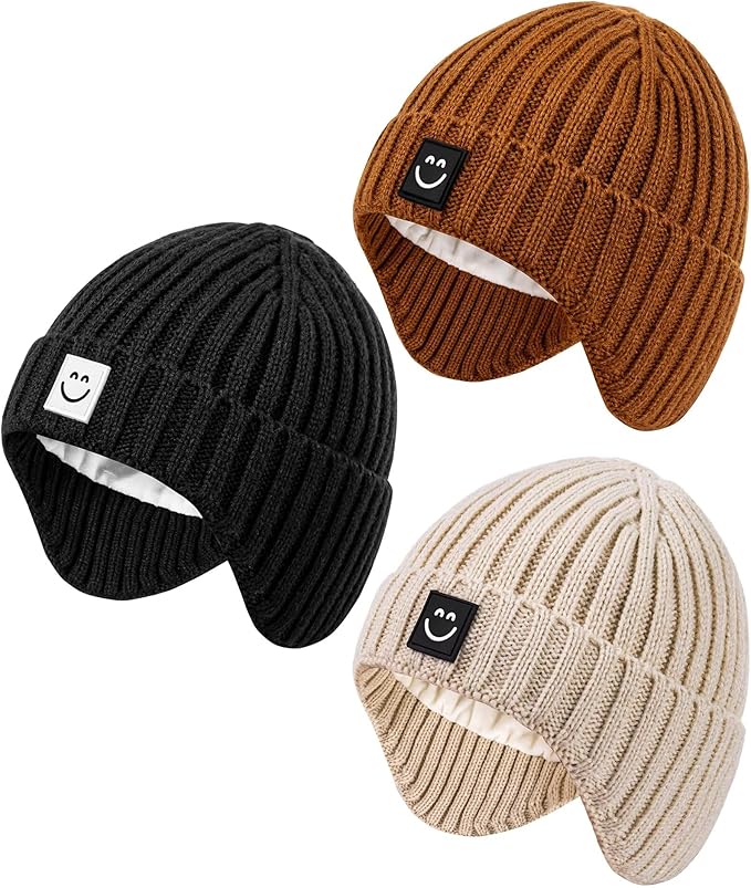 3 Pack Baby Beanie Hats with Earflaps, 2 Size Baby Winter Hat for Infant Toddler Kids, Fleece Lined Knit Hat for Girls Boys