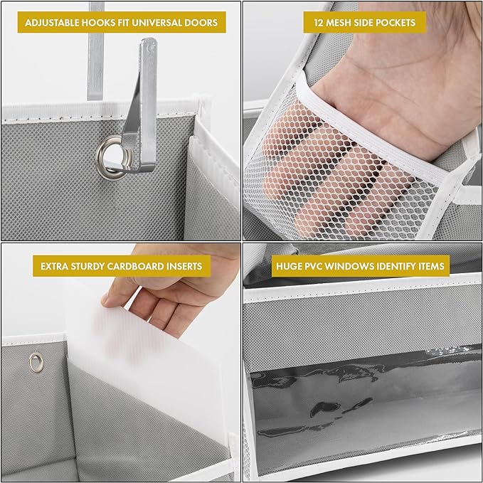 HOMELUX THEORY 2 PC Heavy Duty Over the Door Organizer 55x14x6.7, 6 Large Front & 12 Side Pockets, Hanging Storage Closet Door Organizer for Bedroom, Bathroom and Baby Nursery Storage (Light Gray)