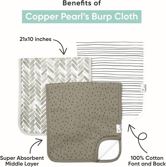 Copper Pearl Premium Baby Burp Cloths - 3-Pack Large Cotton Burp Cloths, Extra Soft Spit Up Rags with 3 Absorbent Layers, Perfect for Baby Boy Gifts (21" x 10" Size, Timber Set)
