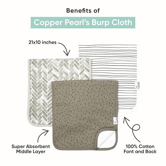 Copper Pearl Premium Baby Burp Cloths - 3-Pack Large Cotton Burp Cloths, Extra Soft Spit Up Rags with 3 Absorbent Layers, Perfect for Baby Boy and Baby Girl Gifts (21" x 10" Size, Haven Set)