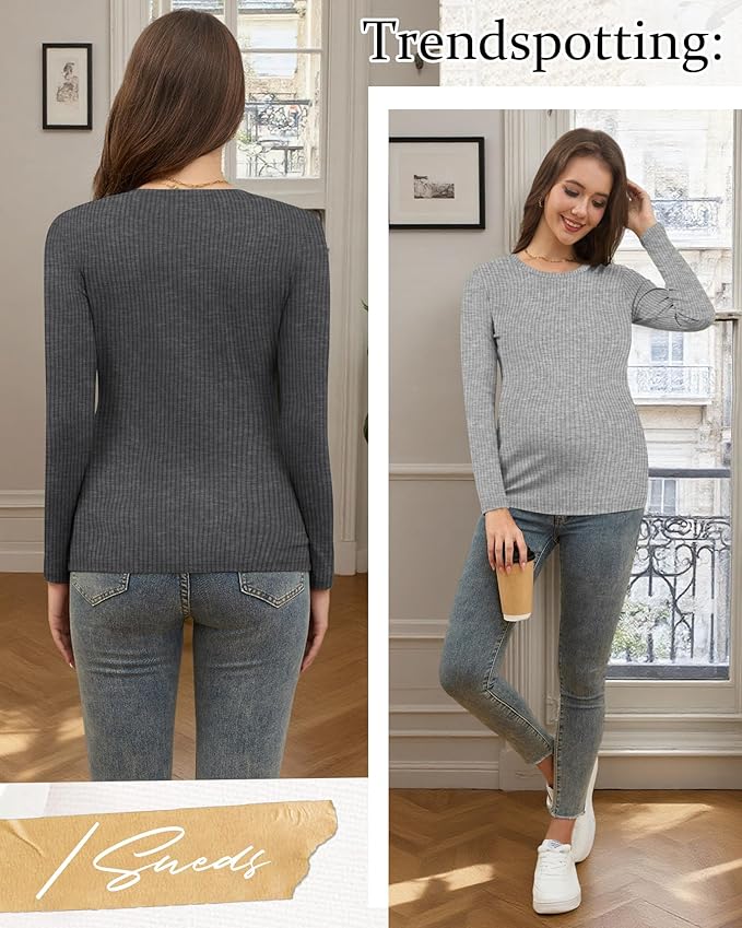 Riyiper 3 Pack Women's Maternity Shirts Long Sleeve Ribbed Knit Pregnancy Tees Cotton Crewneck Tunic Clothes Casual Fall Tops