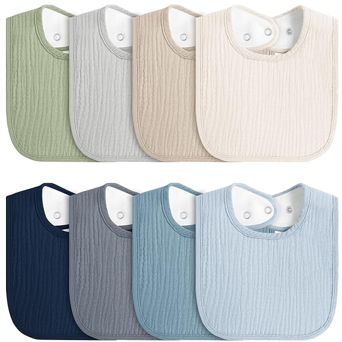 8-Pack Baby Muslin Bibs, Soft Cotton Drool Bibs for Boys Girls, Adjustable and Absorbent Newborn Bib Set for Feeding and Drooling