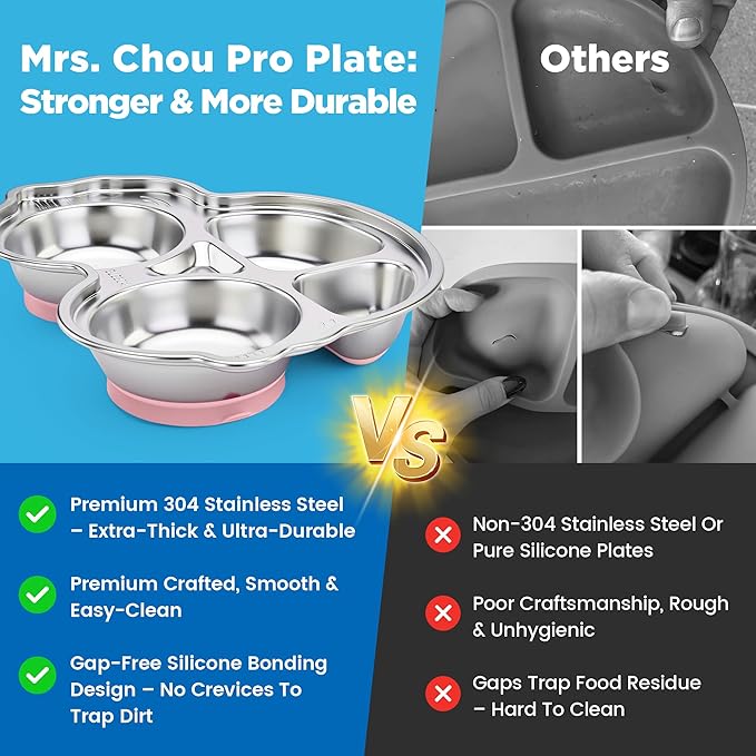 Stainless Steel Baby Suction Plates: Divided Plates Designed for Babies and Toddlers, Made of 100% Food-Grade Materials Ideal for Baby-Led Weaning BPA-Free Toddler Feeding Dishwasher Safe PINK