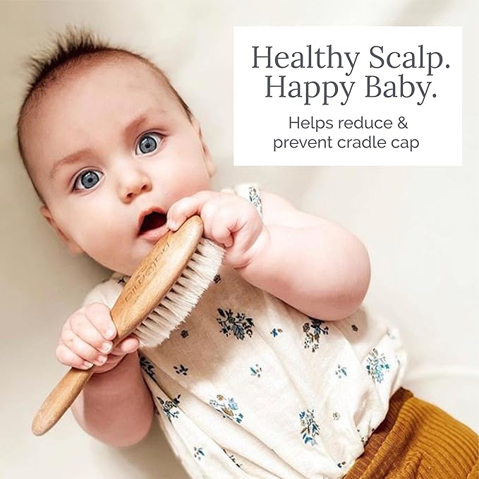 Natemia Baby Hair Brush - Wooden Handle & Soft Goat Bristles for Gentle Grooming & Scalp Massage - Newborn & Toddler Hair Brush for Cradle Cap Care (Oval)