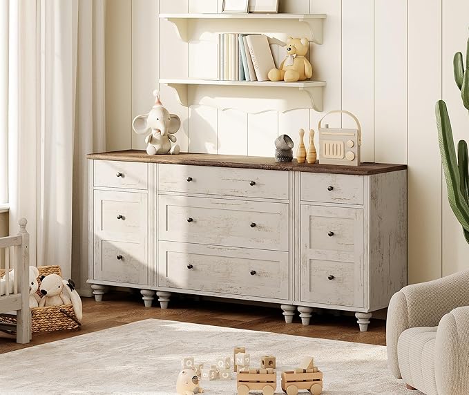 WAMPAT Rustic White Dresser for Kids Bedroom with 5 Drawers and 2 Storage Cabinet, Nightstands with Charging Station for Living Room, Mid Century Modern Baby Dressers with Wide Chest of Drawers
