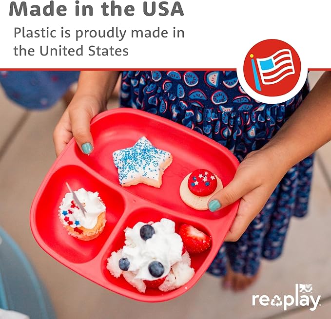 Re-Play Toddler Plates with Dividers - Deep-Walled 3 Compartments Divided Plates for Kids - Dishwasher & Microwave Safe - Made in USA - Set of 4-7.37" x 7.37" x 1.25" - Red