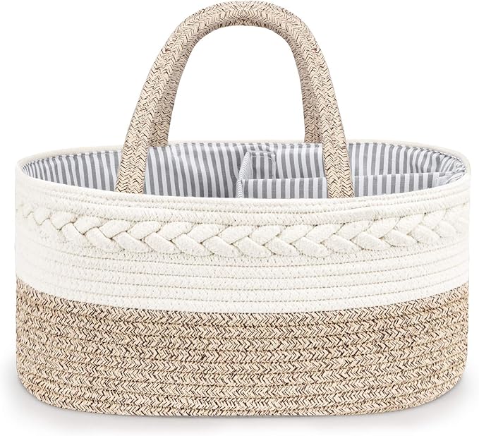 Maliton Baby Diaper Caddy Organizer, X-Large Cotton Rope, Rustic Style, Portable, 3 Compartments, A-Brown