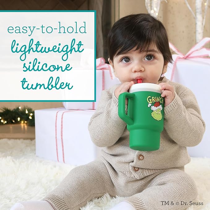 Infantino My 1st Tumbler, Silicone Sippy Cup with Straw & Handle, Spill-Resistant Baby Cup for On-the-Go, BPA-Free Transition Bottle, Grinch Green