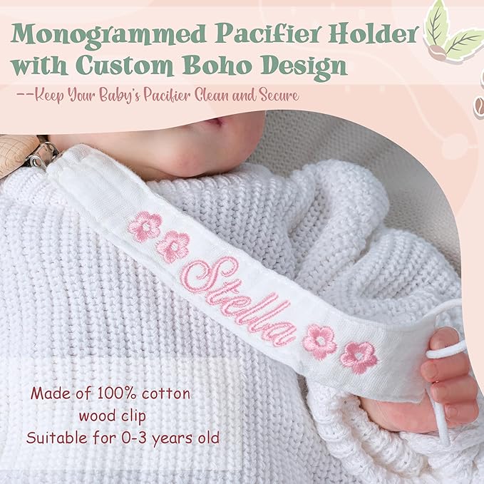 Personalized Bohemian Pacifier Clip Embroidered with Name is The Perfect Newborn Gift Made from eco-Friendly Bamboo! (Caramel)