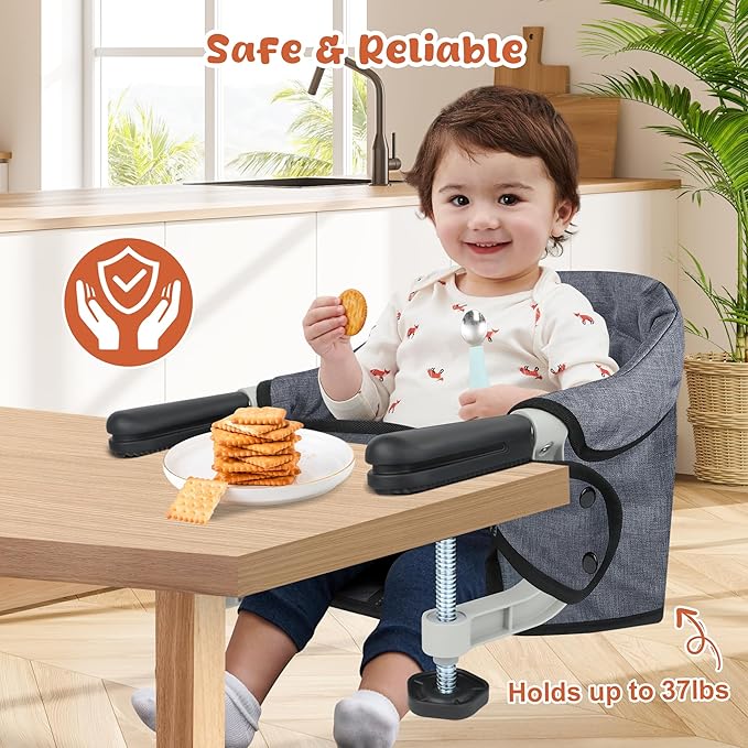 Hook On High Chair, Jozzve Baby High Chair, Portable High Chair for Travel, Foldable Fast Table Chair with Storage Bag, Baby Feeding Seat Clip On High Chair for Home and Travel (Grey)