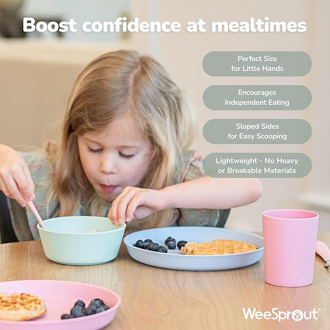 WeeSprout Bamboo Kids Bowls, Set of Four 10 oz Kid-Sized Dinnerware, Cereal, Leftovers & Snack Bowl, Dishwasher Safe (Blue, Yellow, Orange, & Red, 10 Oz)