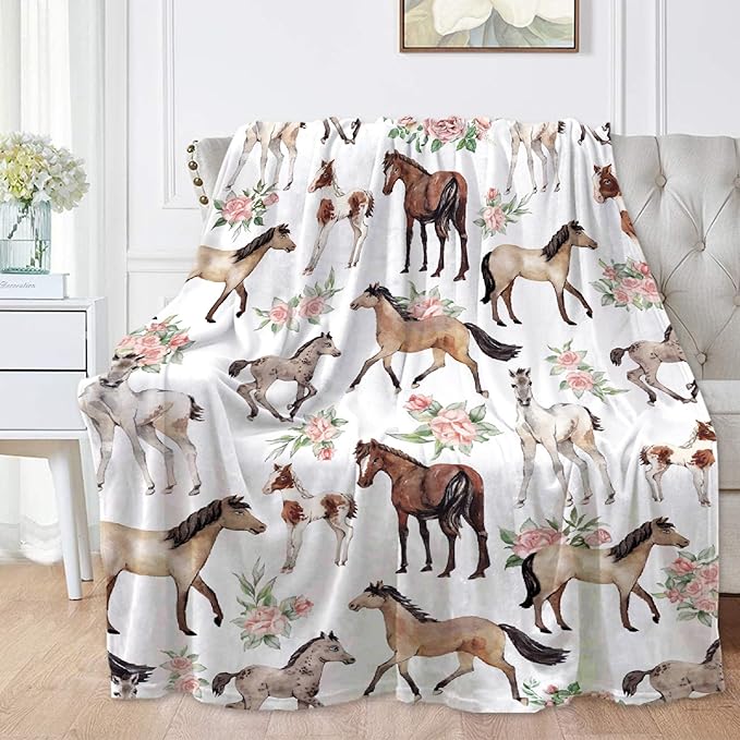 Horse Rose Blanket for Baby Girls Flowers Throw Blanket for Boys, Lightweight Cute Horses Soft Flannel Blankets for Kids Gifts, 30x40 Inches