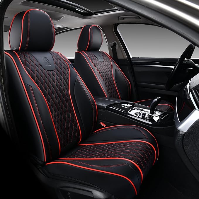 Doogo Front Car Seat Covers, Seat Covers 2 Piece, Automotive Seat Covers, Universal Leather Seat Cushions, Black Driver Seat Protectors for Most Cars Trucks SUV (Black&Red Line,Front Pair)