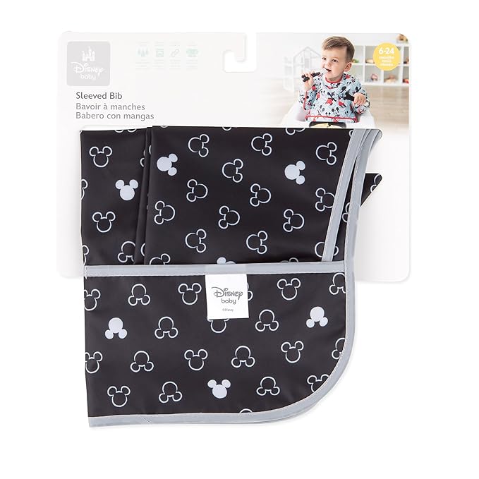 Bumkins Disney Bibs, Baby and Toddler Girls and Boys 6-24 Months, Long Sleeve, Essential Must Have for Eating, Feeding, Mess Saving Lightweight Waterproof Fabric Sleeved Smock, Mickey Mouse Icon